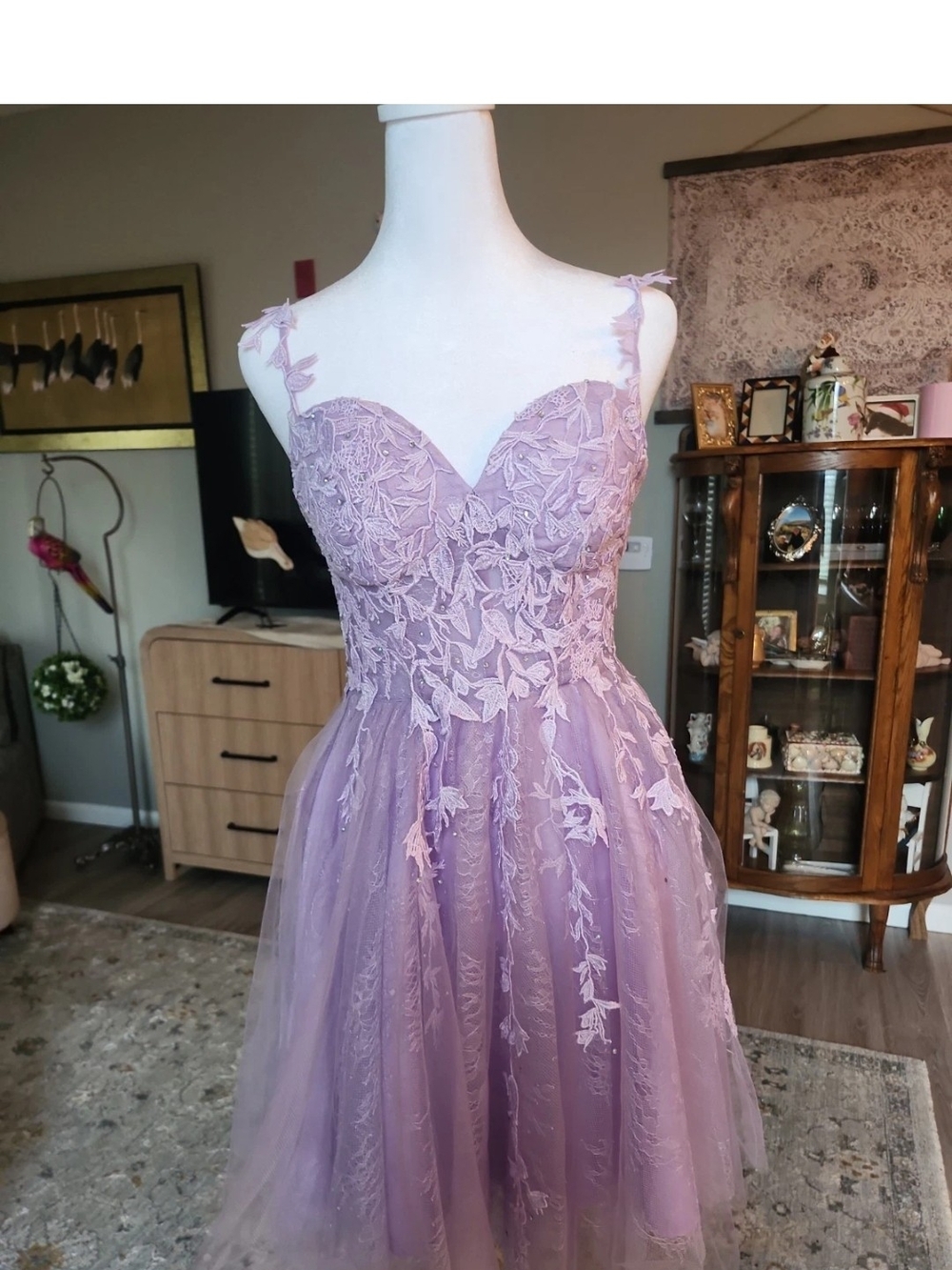 Lilac Lace Appliqué A-Line Prom Dress.